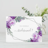 Paarse & zilveren bloemen word je mijn bruidsmeisj kaart (Staand voorkant)