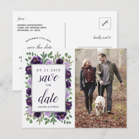 Paarse zilveren bloemengroene bruiloft bewaar de d aankondigingskaart (Voorkant / Achterkant)