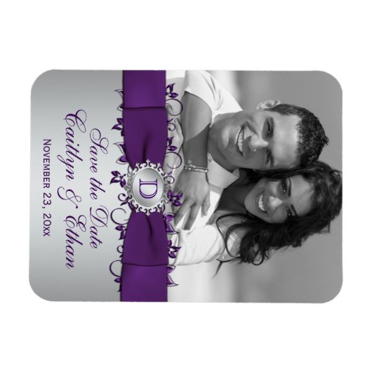 Paarse, zilveren bloemenkorf Bewaar de datum Fotom Magneet (Horizontaal)