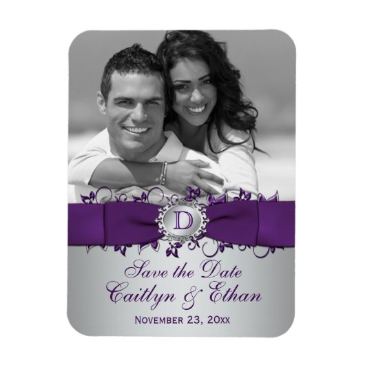 Paarse, zilveren bloemenkorf Bewaar de datum Fotom Magneet (Verticaal)