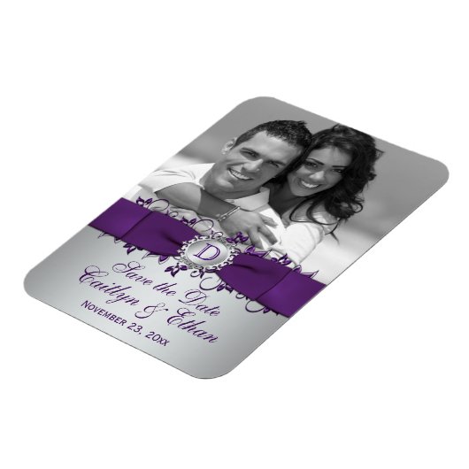 Paarse, zilveren bloemenkorf Bewaar de datum Fotom Magneet (Linkerzijde)