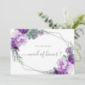 Paarse zilveren bloemenkorf, word je mijn bruidsme kaart (Staand voorkant)