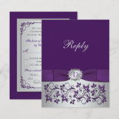 Paarse, Zilveren Bloemenrol Bruiloft Antwoord Kaar (Voorkant / Achterkant)
