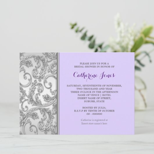 Paarse zilveren bloemenspiraal kaart (Staand voorkant)