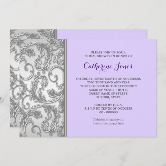 Paarse zilveren bloemenspiraal kaart (Voorkant / Achterkant)