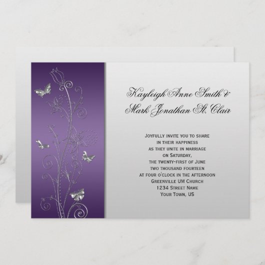 Paarse zilveren bloemenvlinders bruiloft kaart (Voorkant / Achterkant)