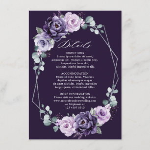 Paarse Zilveren Bloemige Geometrische Trouwdetails Informatiekaartje