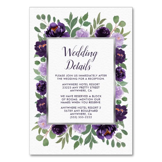 Paarse zilveren bloemige groene bruiloft behuizing kaart (Voorkant)