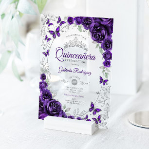 Paarse Zilveren Bloemige Quinceanera Acryl Uitnodigingen