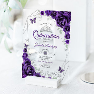 Paarse Zilveren Bloemige Quinceanera Acryl Uitnodigingen