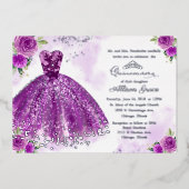 Paarse zilveren bloemige quinceanera folie uitnodiging (Voorkant)