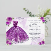 Paarse zilveren bloemige quinceanera folie uitnodiging (Staand Voorkant)