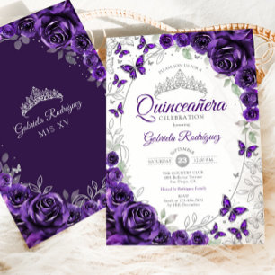 Paarse Zilveren Bloemige Quinceanera Kaart