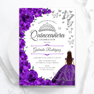 Paarse zilveren bloemige quinceanera kaart