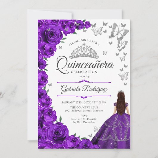 Paarse zilveren bloemige quinceanera kaart (Voorkant)