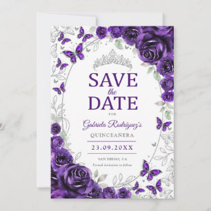 Paarse Zilveren Bloemige Quinceanera Save The Date