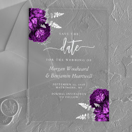 Paarse Zilveren Bloemige Trouw Save the Date Acryl Uitnodigingen