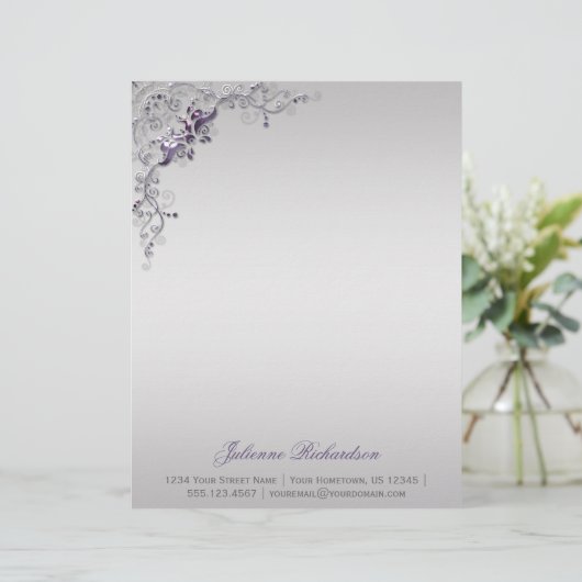  Paarse zilveren bloemmoerassen Letterkop Persoonlijk Briefhoofd (Staand voorkant)