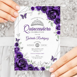 Paarse Zilveren Bloemstuk Quinceanera Kaart