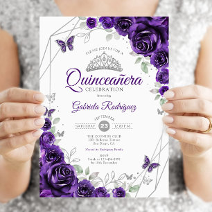 Paarse Zilveren Bloemstuk Quinceanera Kaart