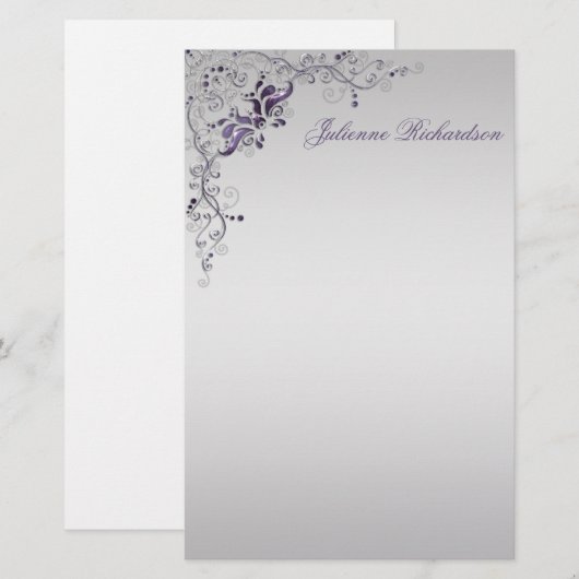  Paarse zilveren bloemwervelingen briefpapier (Voorkant / Achterkant)