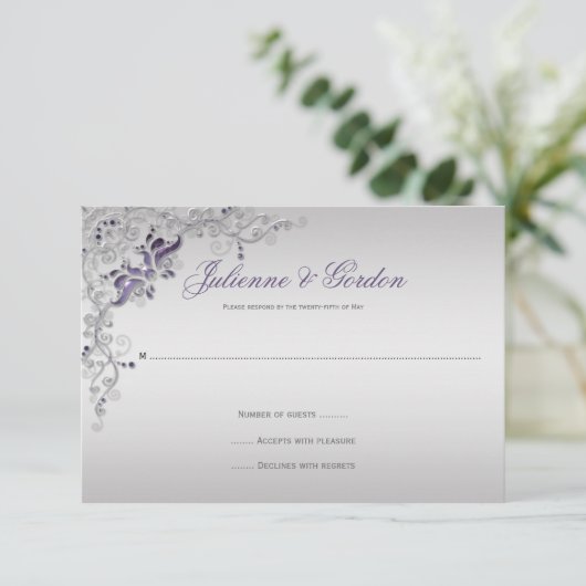  Paarse Zilveren Bloemwervelingen RSVP (Staand voorkant)