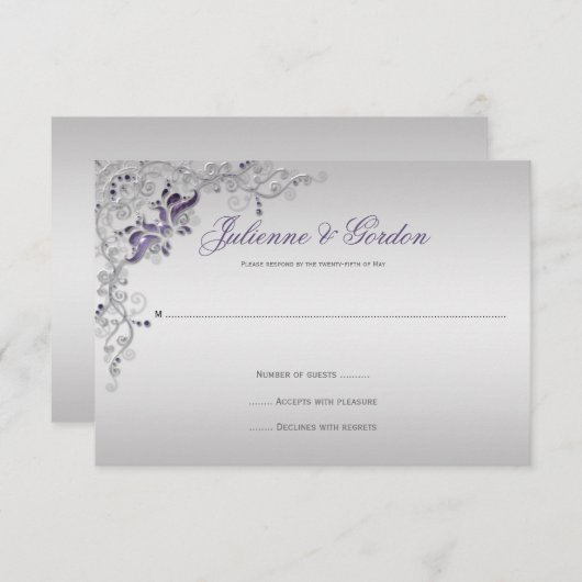  Paarse Zilveren Bloemwervelingen RSVP (Voorkant / Achterkant)