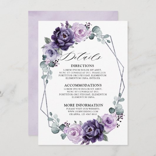 Paarse Zilveren Bloesems Geometrische Trouwdetails Informatiekaartje (Voorkant / Achterkant)
