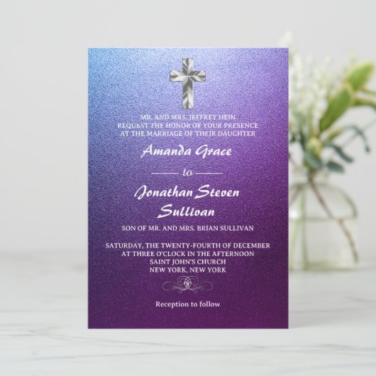 Paarse zilveren Christelijk kruis bruiloft Kaart (Staand voorkant)