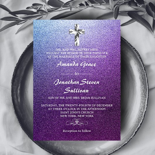Paarse zilveren Christelijk kruis bruiloft Kaart