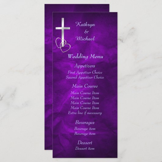 Paarse Zilveren Christelijk Kruis Bruiloft Menu (Voorkant / Achterkant)