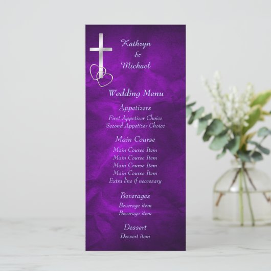 Paarse Zilveren Christelijk Kruis Bruiloft Menu (Staand voorkant)