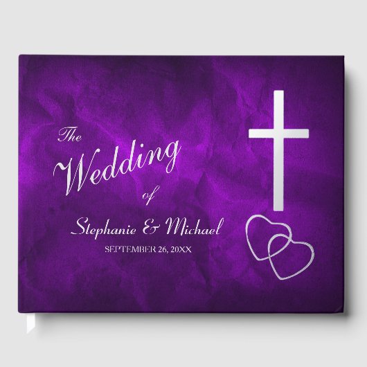 Paarse Zilveren Christelijk Kruis Harten Bruiloft Gastenboek (Voorkant)
