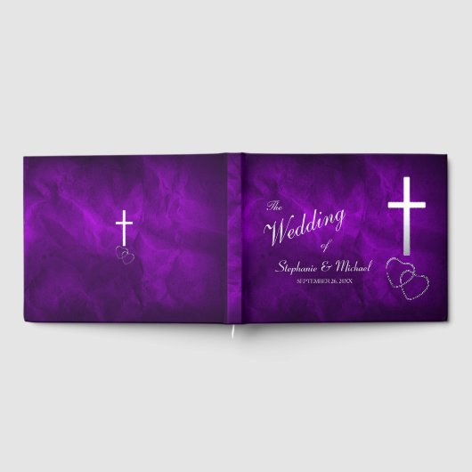 Paarse Zilveren Christelijk Kruis Harten Bruiloft Gastenboek (Volledig)
