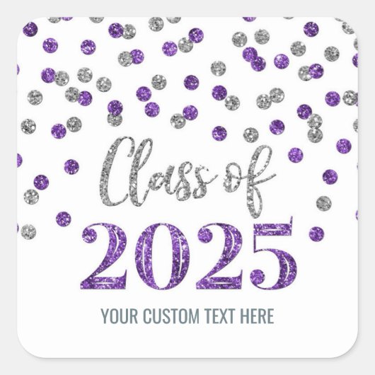 Paarse zilveren Confetti Afstuderen 2025 Vierkante Sticker (Voorkant)