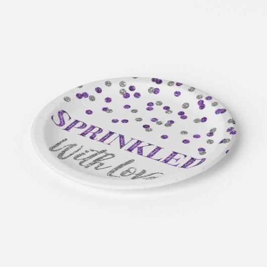 Paarse zilveren Confetti, bedrukt met liefde Papieren Bordje (Gekanteld)