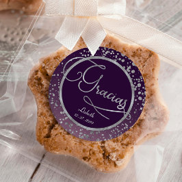 Paarse Zilveren Confetti Gracias Glam Cadeau Dank Ronde Sticker