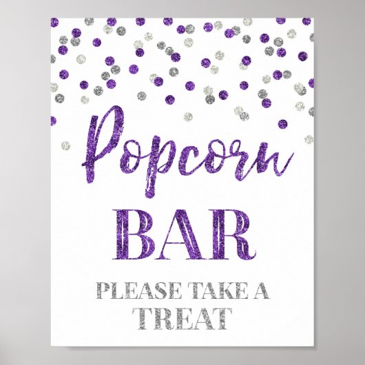 Paarse Zilveren Confetti Popcorn Bar Teken Poster (Voorkant)