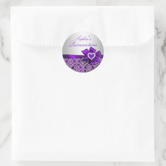 Paarse & Zilveren Damask Quinceanera Sticker (Tas)