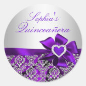 Paarse & Zilveren Damask Quinceanera Sticker (Voorkant)