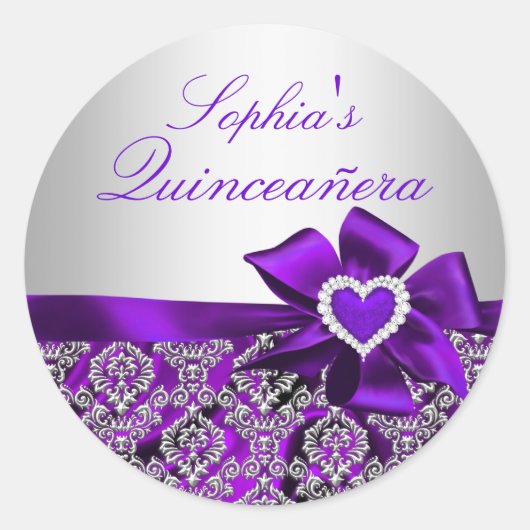 Paarse & Zilveren Damask Quinceanera Sticker (Voorkant)