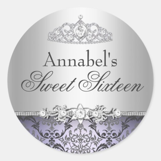  Paarse & Zilveren Damask Sweet 16 Sticker (Voorkant)