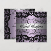 Paarse/zilveren Damask Sweet 16 Verjaardag Uitnodi Kaart (Voorkant / Achterkant)
