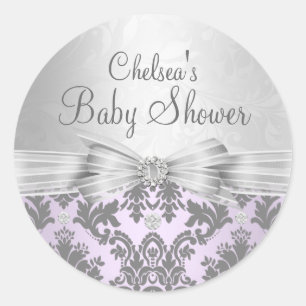 Paarse & Zilveren Damast Baby Shower Sticker