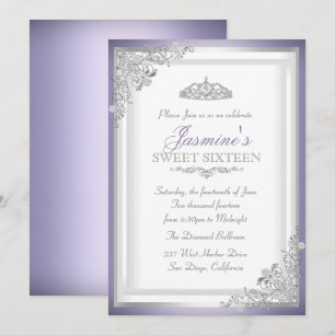 Paarse Zilveren Damast & Tiara Sweet 16 Uitnodigin Kaart