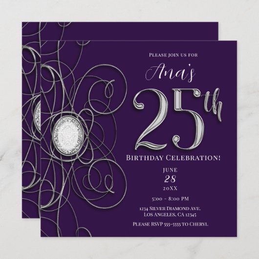 Paarse & Zilveren Diamant 25 25e Verjaardagsfeestj Kaart (Voorkant / Achterkant)