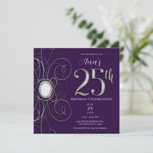 Paarse & Zilveren Diamant 25 25e Verjaardagsfeestj Kaart (Staand voorkant)