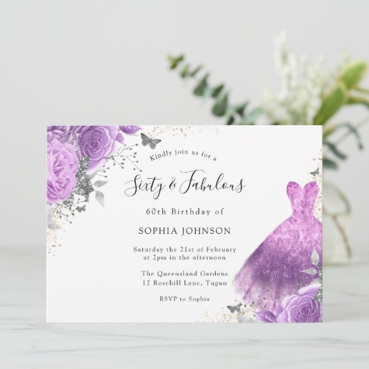 Paarse zilveren dress & Roos Butterfly 60th Birthd Kaart (Staand voorkant)