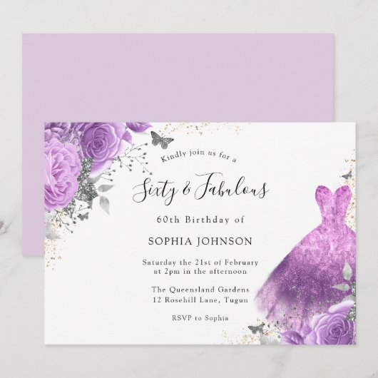 Paarse zilveren dress & Roos Butterfly 60th Birthd Kaart (Voorkant / Achterkant)