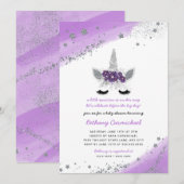 Paarse zilveren eenhoorn Baby shower uitnodiging (Voorkant / Achterkant)